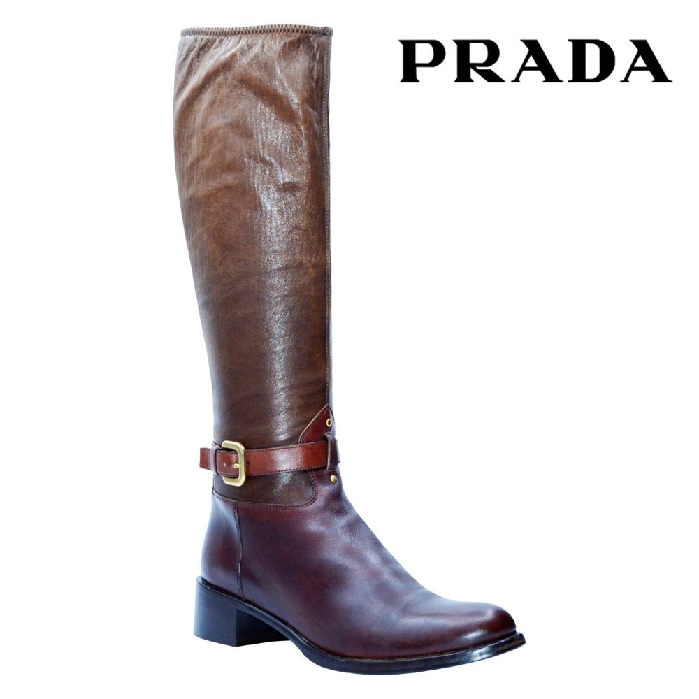 PRADA 2-Tone Over Calf/Knee-High Ultra-Premium Leather Boots - Size 37 - Rare!